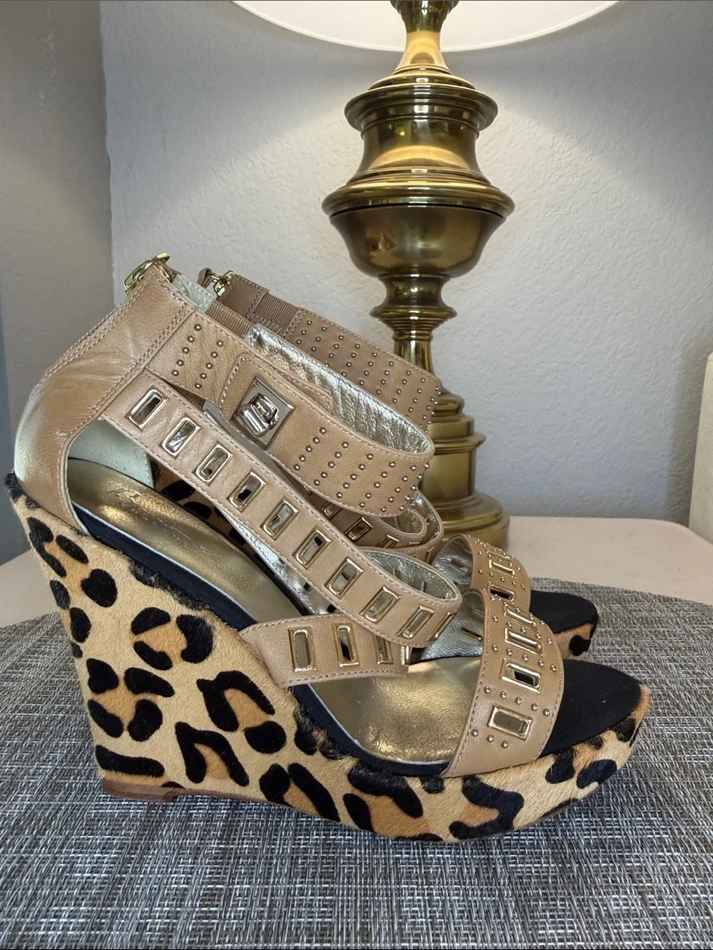 Leopard Print Tan Wedge Sandals with Studded Straps